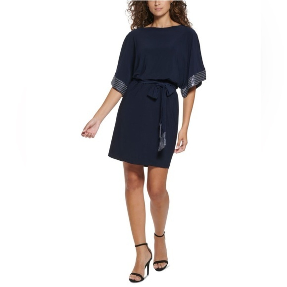 NWOT Jessica Howard Blouson Tie-Waist Dress Navy Blue New Dolman Sleeves Sequins